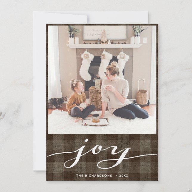 Modern Buffalo Plaid Elegant Script JOY Simple Holiday Card (Front)