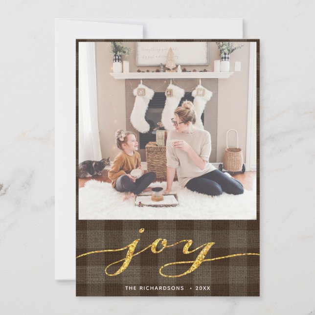 Modern Buffalo Plaid Elegant Script JOY Simple Holiday Card (Front)