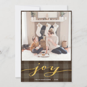 Modern Buffalo Plaid Elegant Script JOY Simple Holiday Card