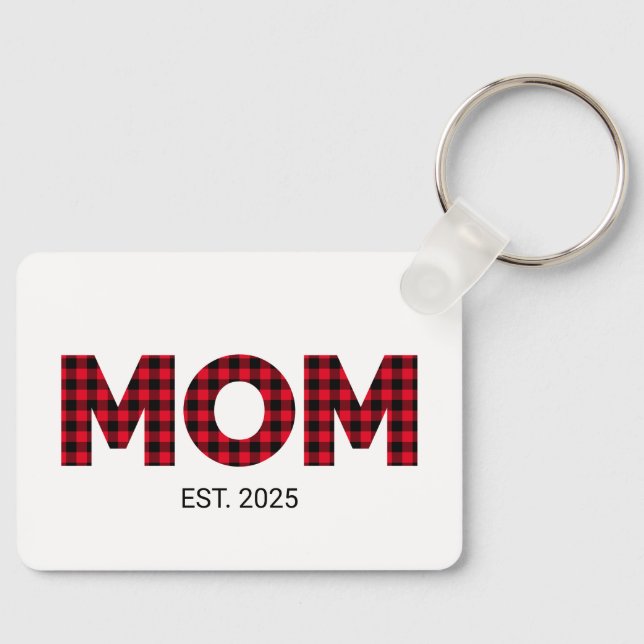 Modern Buffalo Plaid Mom Established Date Photo Keychain (Front)