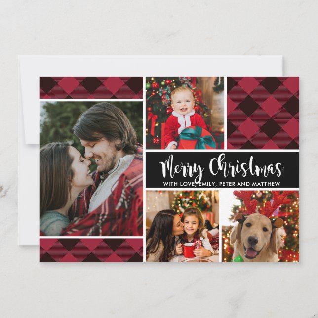Modern Buffalo Plaid Multi Photo Christmas Card (Front)