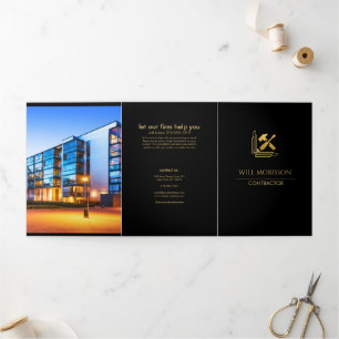 Modern Building Construction Golden & Black Tri-Fold Card