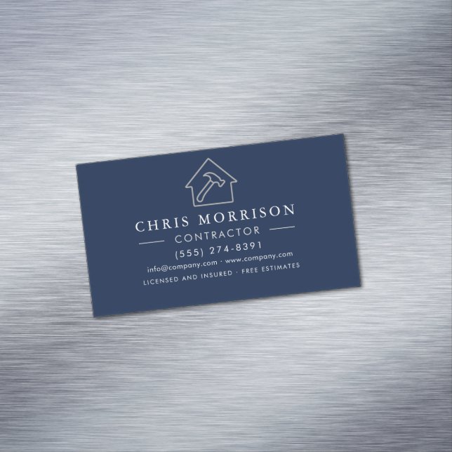 Modern Building Construction Navy Blue Silver Magnetic Business Card (In Situ)