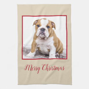 Modern Bulldog Dog Merry Christmas Holiday Photo Kitchen Towel