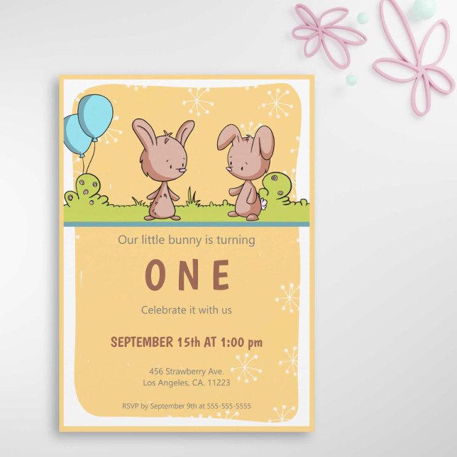 Modern Bunny Rabbit 1st Birthday Invitation (Creator Uploaded)