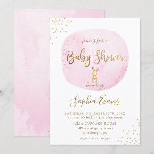 Modern Bunny Typography Baby Shower Chic Pink Gold Invitation