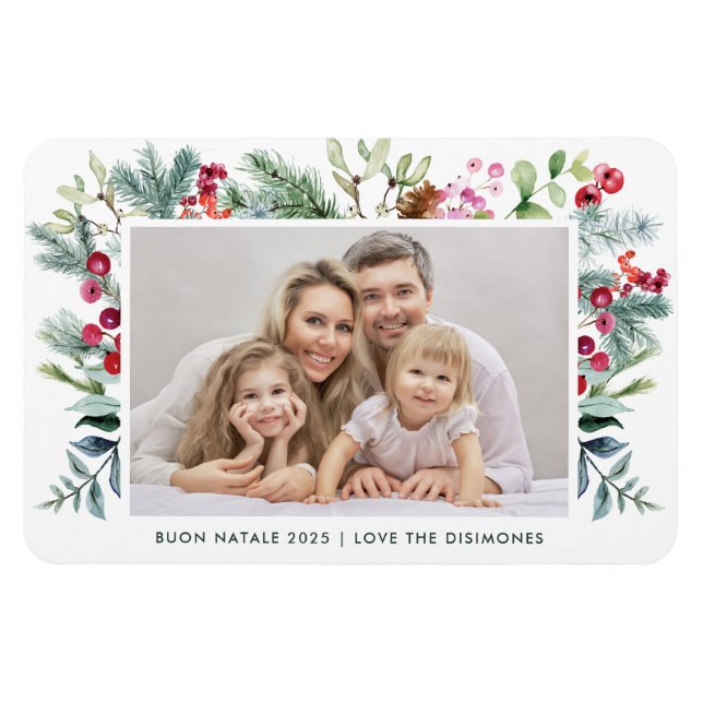 Modern Buon Natale Watercolor Holly Berry Photo  Magnet (Horizontal)