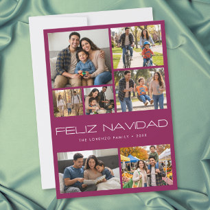 Modern Burgundy 7 Photo Collage Feliz Navidad Holiday Card
