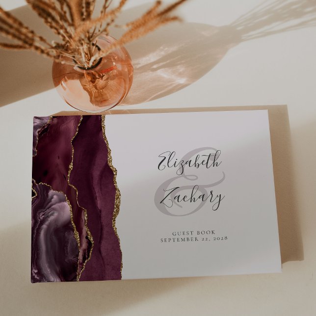 Modern Burgundy Agate Gold Script Blush Pink Guest Book (Creator Uploaded)