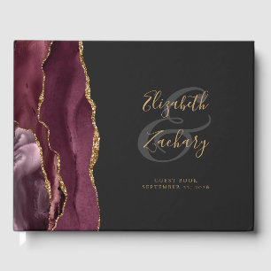 Modern Burgundy Agate Gold Script Dark Guest Book