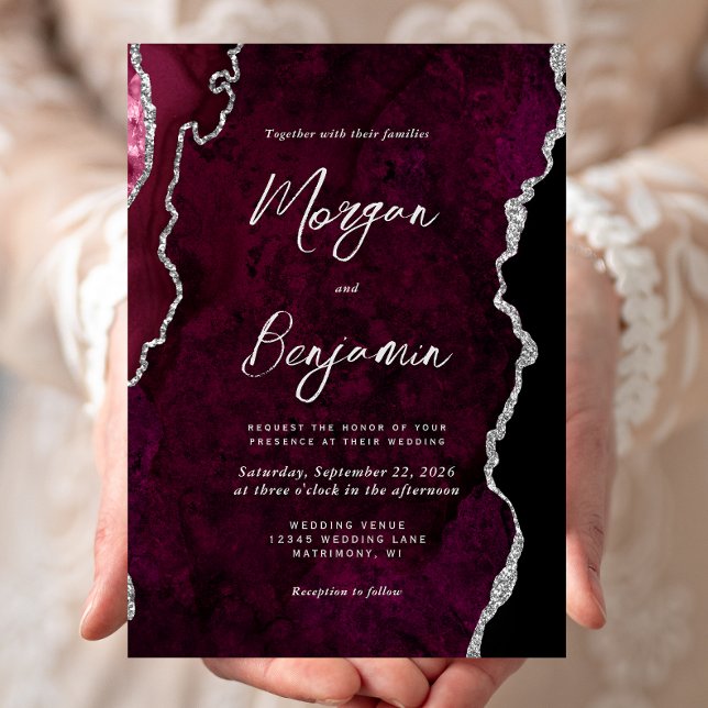 Modern Burgundy Agate Silver Script Wedding Invitation (Creator Uploaded)