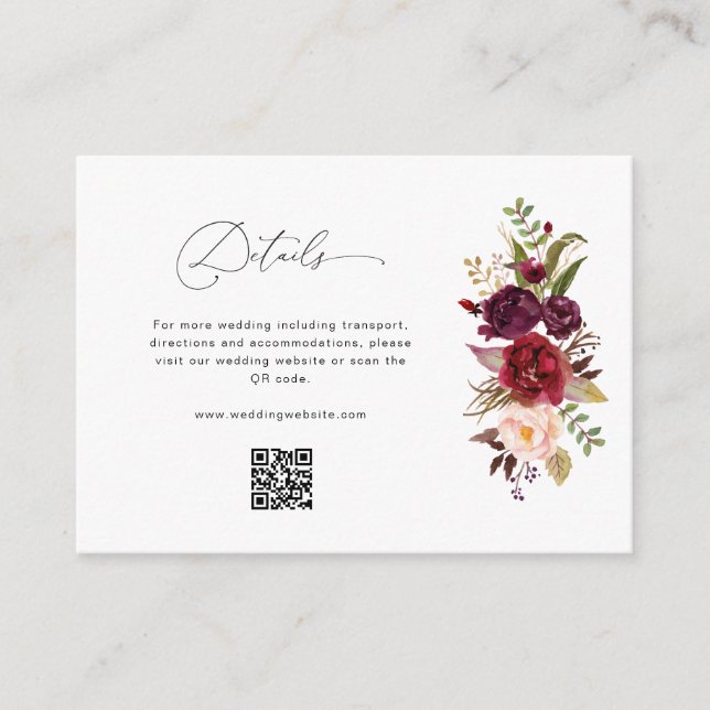 Modern Burgundy And Blush Floral Wedding details Enclosure Card (Front)