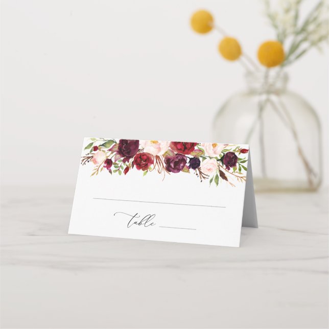 modern burgundy and blush floral wedding place card (Front)