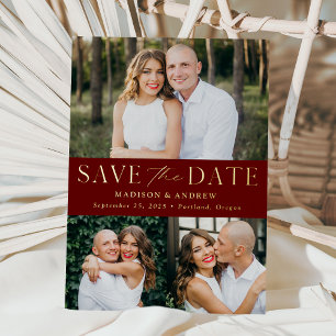 Modern Burgundy and Gold 3 Photo Save the Date