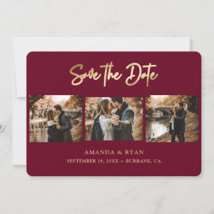 Modern Burgundy and Gold Foil Wedding 3 Photo Save The Date
