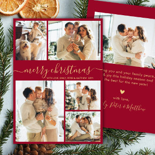 Modern Burgundy and Gold Script 5 Photo Christmas  Holiday Card