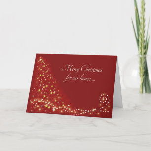 Modern Burgundy and Gold, Stylized Tree and Stars Holiday Card