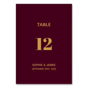 Modern Burgundy and Gold Wedding Table Number