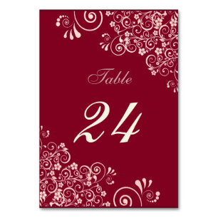 Modern Burgundy and Rose Gold Floral Swirl Table Number