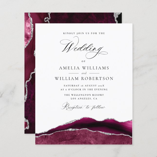 modern burgundy and silver calligraphy wedding (Front/Back)