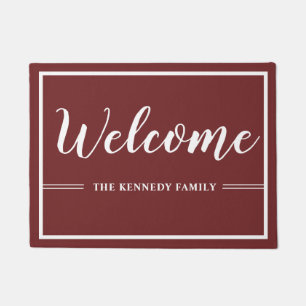 Modern Burgundy And White Family Name Welcome   Doormat