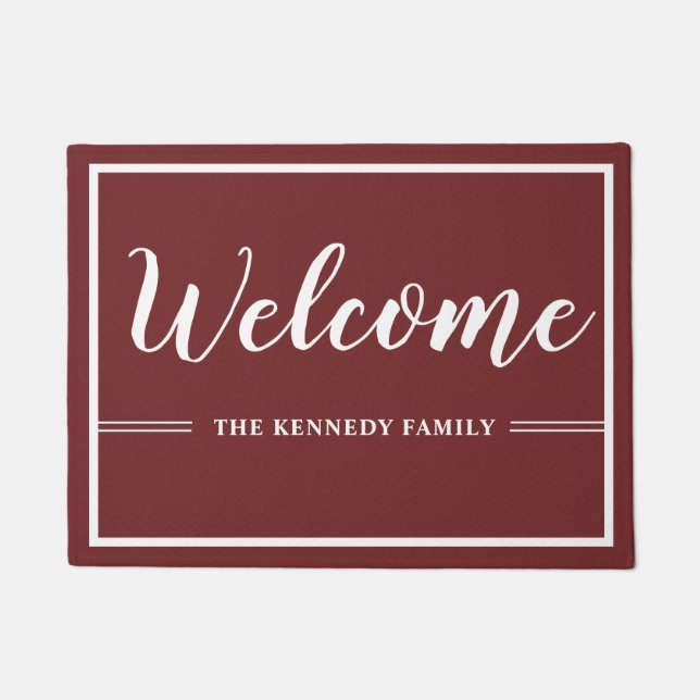 Modern Burgundy And White Family Name Welcome   Doormat (Front)
