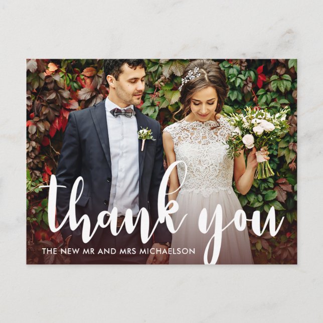 Modern Burgundy and White Wedding Photo Thank You Postcard (Front)