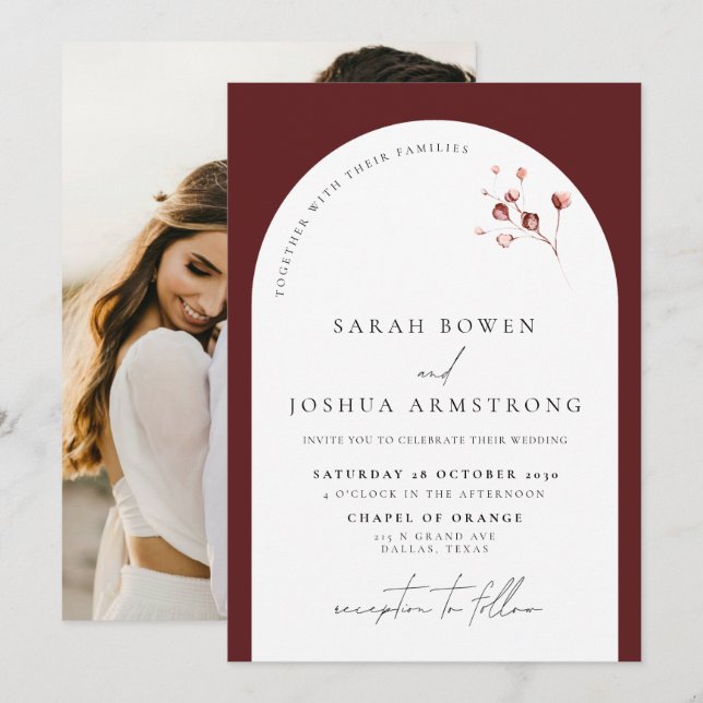 Modern Burgundy Arch Botanical Photo Wedding Invitation (Front/Back)