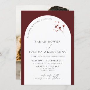 Modern Burgundy Arch Botanical Photo Wedding Invitation