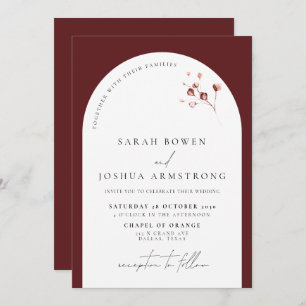 Modern Burgundy Arch Botanical Script Wedding Invitation