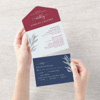 Modern Burgundy, Blue Wedding with Perforated RSVP