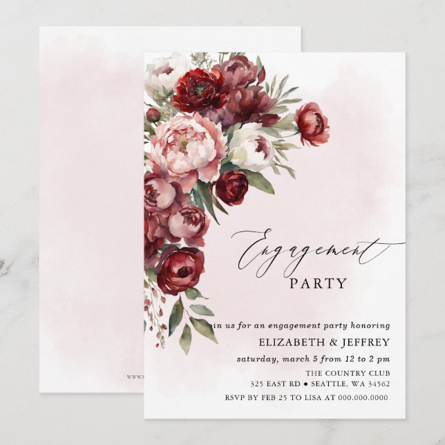 Modern Burgundy Blush Floral Engagement Party Invitation (Front/Back)