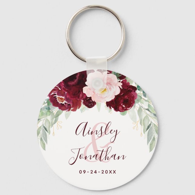 Modern Burgundy Blush Floral Greenery Wedding  Keychain (Front)