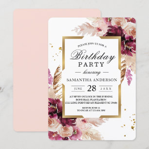 Modern Burgundy Blush Pink  Floral & Gold Frame Invitation