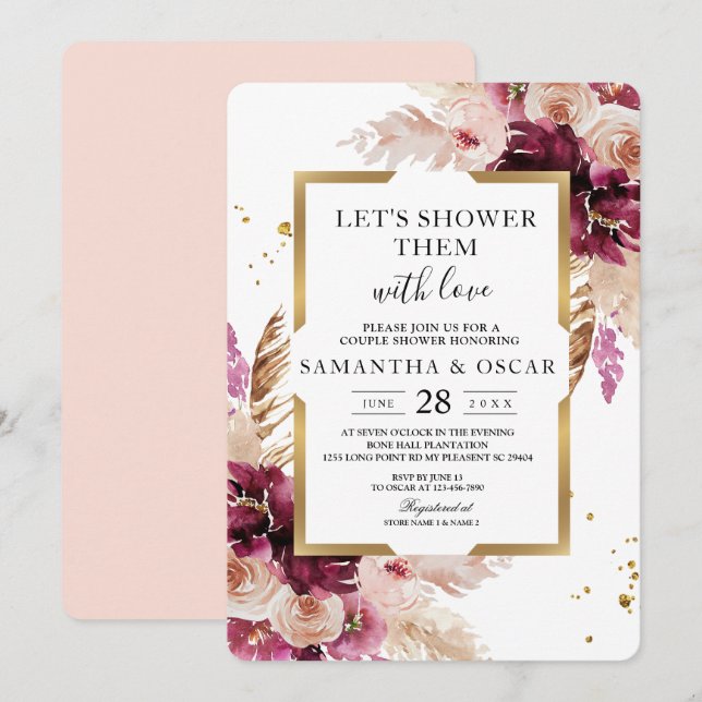 Modern Burgundy Blush Pink  Floral & Gold Frame Invitation (Front/Back)