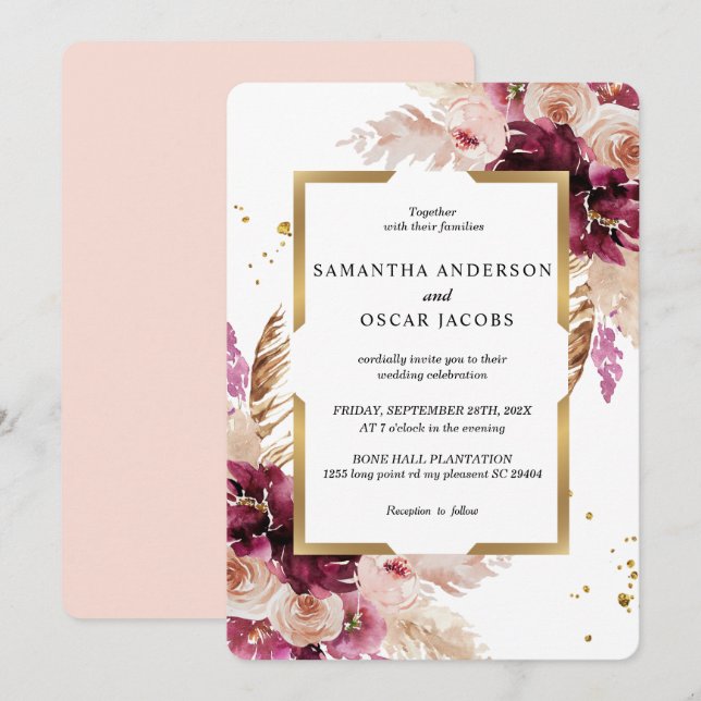 Modern Burgundy Blush Pink  Floral & Gold Frame Invitation (Front/Back)