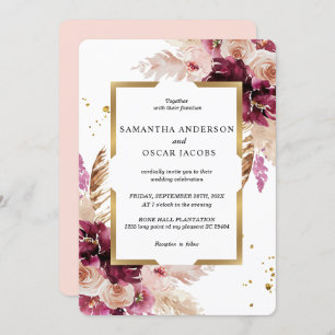 Modern Burgundy Blush Pink  Floral & Gold Frame Invitation