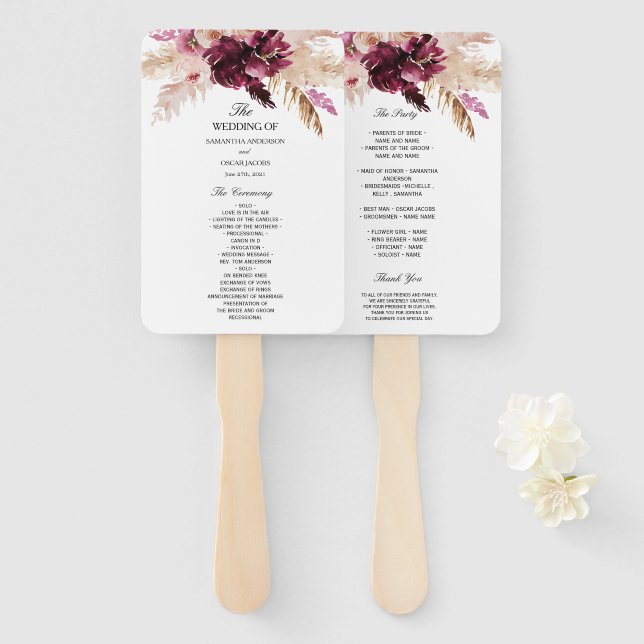 Modern Burgundy Blush Pink  Floral  Hand Fan (Front and Back)
