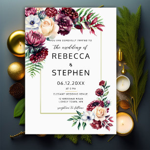 Modern Burgundy Blush Roses Elegant Ivory Wedding Invitation