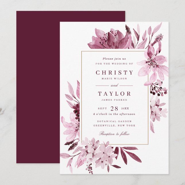 Modern Burgundy Blush Watercolor Floral Wedding Invitation (Front/Back)