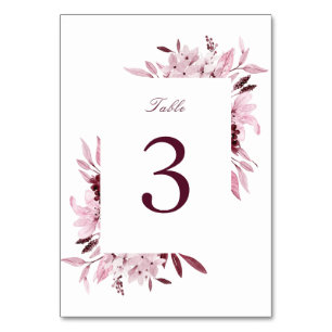Modern Burgundy Blush Watercolor Floral Wedding Table Number