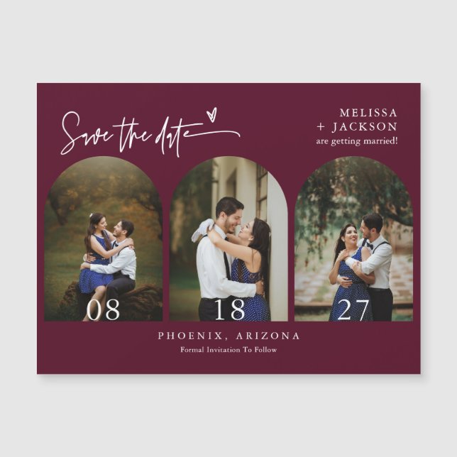 Modern Burgundy Boho Save the Date Arch Photo (Front)