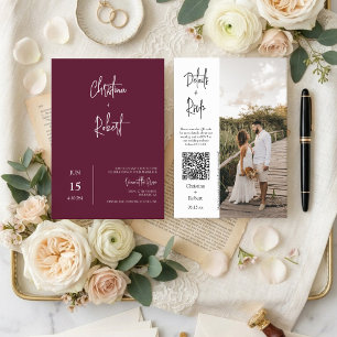 Modern Burgundy Boho Wedding Photo QR Code RSVP  Invitation