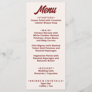 Modern Burgundy Bold Funky Retro Unique Wedding Menu