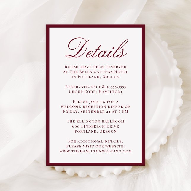 Modern Burgundy Border Wedding Details Enclosure Card (Creator Uploaded)