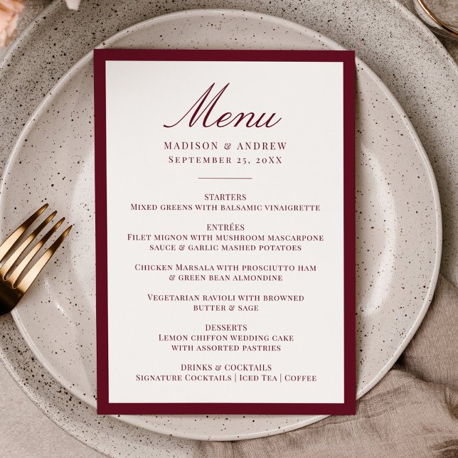 Modern Burgundy Border Wedding Menu (Creator Uploaded)