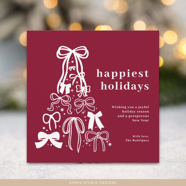 Modern Burgundy Bow Christmas Tree Holiday Card (Card shown in 5.25 x 5.25 inches. Personalize and choose paper and corner style. Digital Card option)
