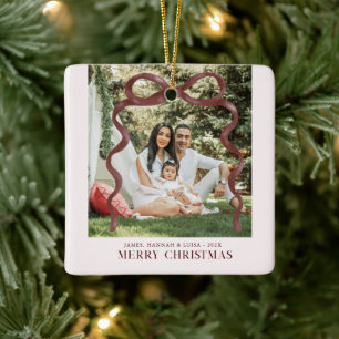 Modern Burgundy Bow Merry Christmas Photo Ceramic Ornament