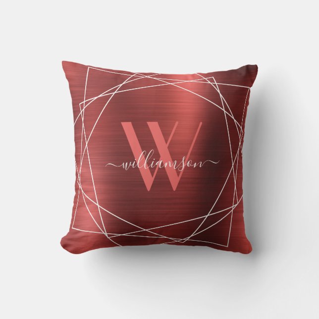 Modern Burgundy Brushed Metal Monogram Name Script Outdoor Pillow (Front)