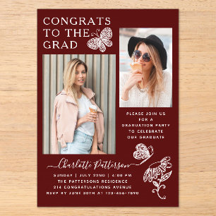 Modern Burgundy Butterfly Photo Graduation Party Acrylic Invitations